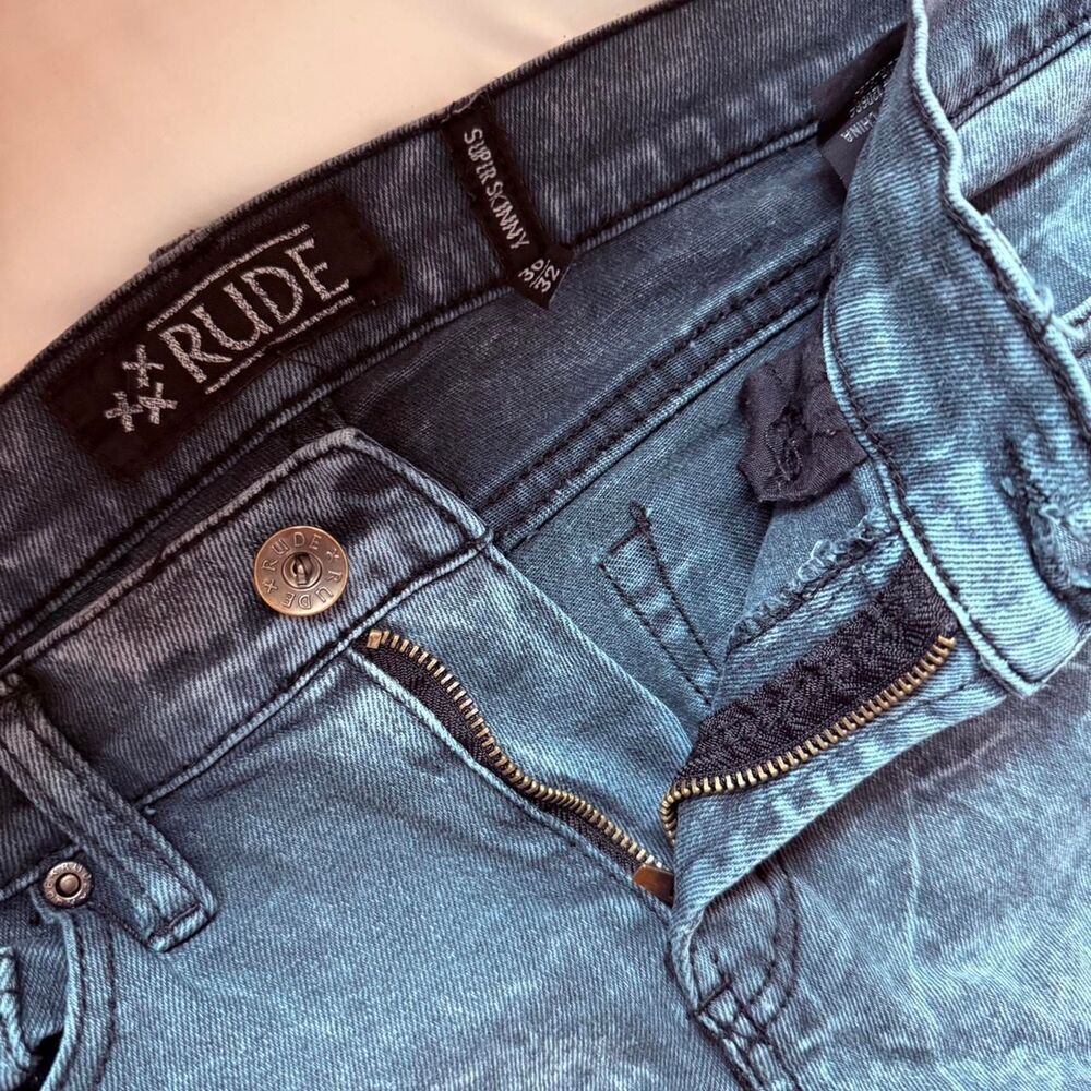 Y2K XXXRUDE Acid Wash Distressed Blue Skinny Jeans Men's 30x32 - Picture 3 of 3